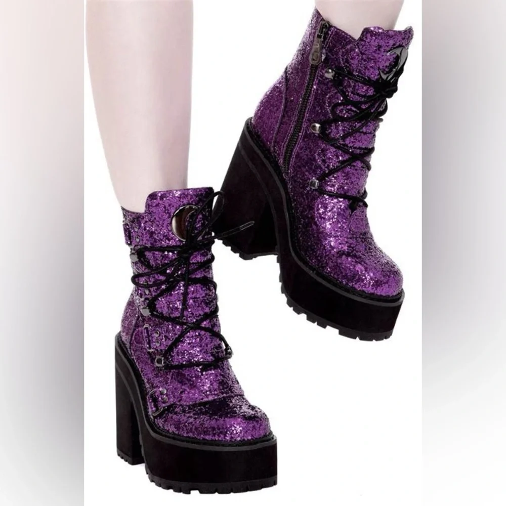 Killstar Broom Rider Purple Glitter Heeled platform Boots size 6 - Picture 1 of 8